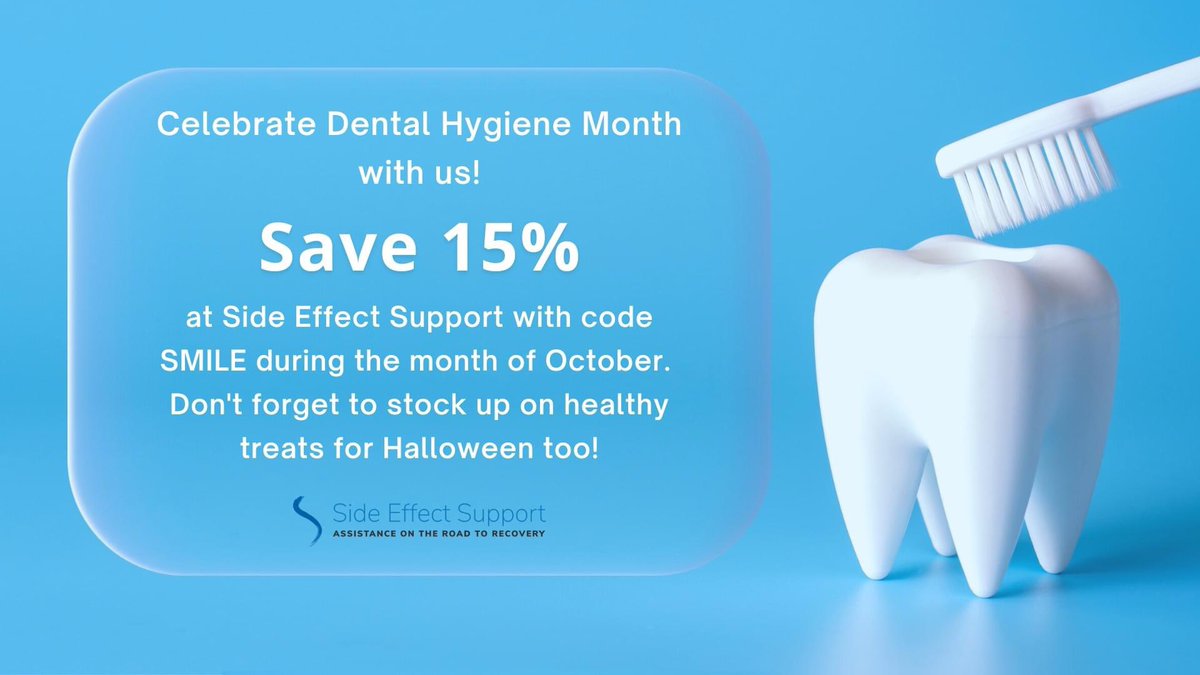 Support_Jill's tweet photo. Celebrate National Dental Hygiene Month with us! 🦷 Save 15% on oral care supplies during October by using code SMILE at checkout at https://t.co/XZlFMYKSxL. 😁💜
Tell your friends! 
#sideeffectsupport #nationaldentalhygienemonth #oralhealth #dentalhygiene #oralcare #dental https://t.co/a2IkmymLie
