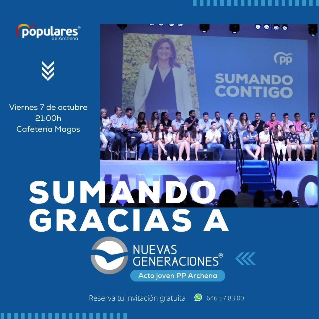 Patriciaflopez's tweet photo. 🔊Te invitamos al *ACTO JOVEN* del @PPArchena .Los #jóvenes , #presente y #futuro de nuestro partido.

🗓️ *Viernes 7* de octubre
🕘 *21h*
📍Cafetería *Magos*

🎶🌮🍸Música, cena y buen ambiente para seguir sumando gracias a #NNGG
#SumandoContigo https://t.co/8OoIvrgG1E
