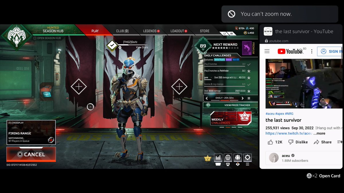 Gsifz's tweet photo. Just got a #PS5 &amp; found out it doesn’t have a web browser &amp; you can’t do 2 things simultaneously but that ain’t stopping me from watching my mans @aceu while jammin @PlayApex myself🙏😎 feels good when u find a way to beat the system #ApexLegends #NRG @_ @NRGgg #YouTube #aceu 👑 https://t.co/Pwv1PC95Gs