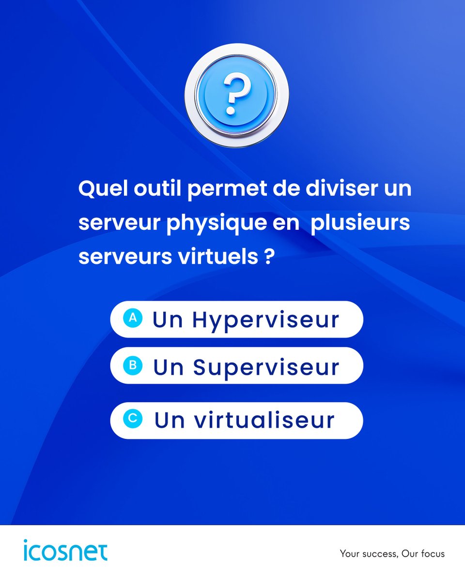 icosnet1's tweet photo. Les serveurs virtuels privés (VPS) sont la solution idéale pour héberger vos plateformes , ERP et applications en toute sécurité en Algérie🇩🇿
Quel outil permet de diviser un serveur physique en plusieurs serveurs virtuels ?
Un hyperviseur 
Un superviseur
Un virtualiseur 
#icosnet https://t.co/esy3j9GiVJ