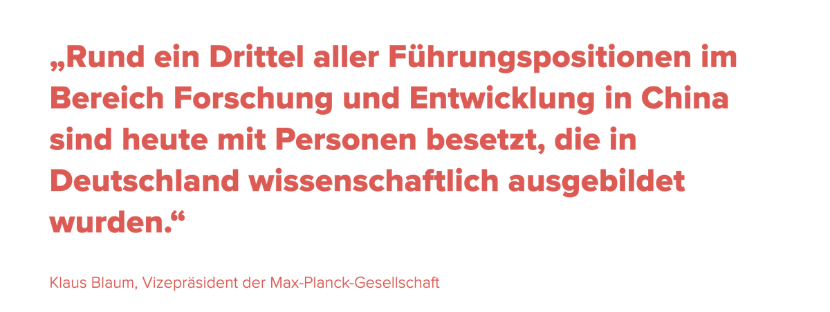 "A third of all leadership positions in research and development in 🇨🇳 are filled with researchers who received their academic training in 🇩🇪".

VP of Max Planck Society proudly presents this as unambiguously positive. We need a more nuanced assessment.

deutschland.de/de/topic/wisse…