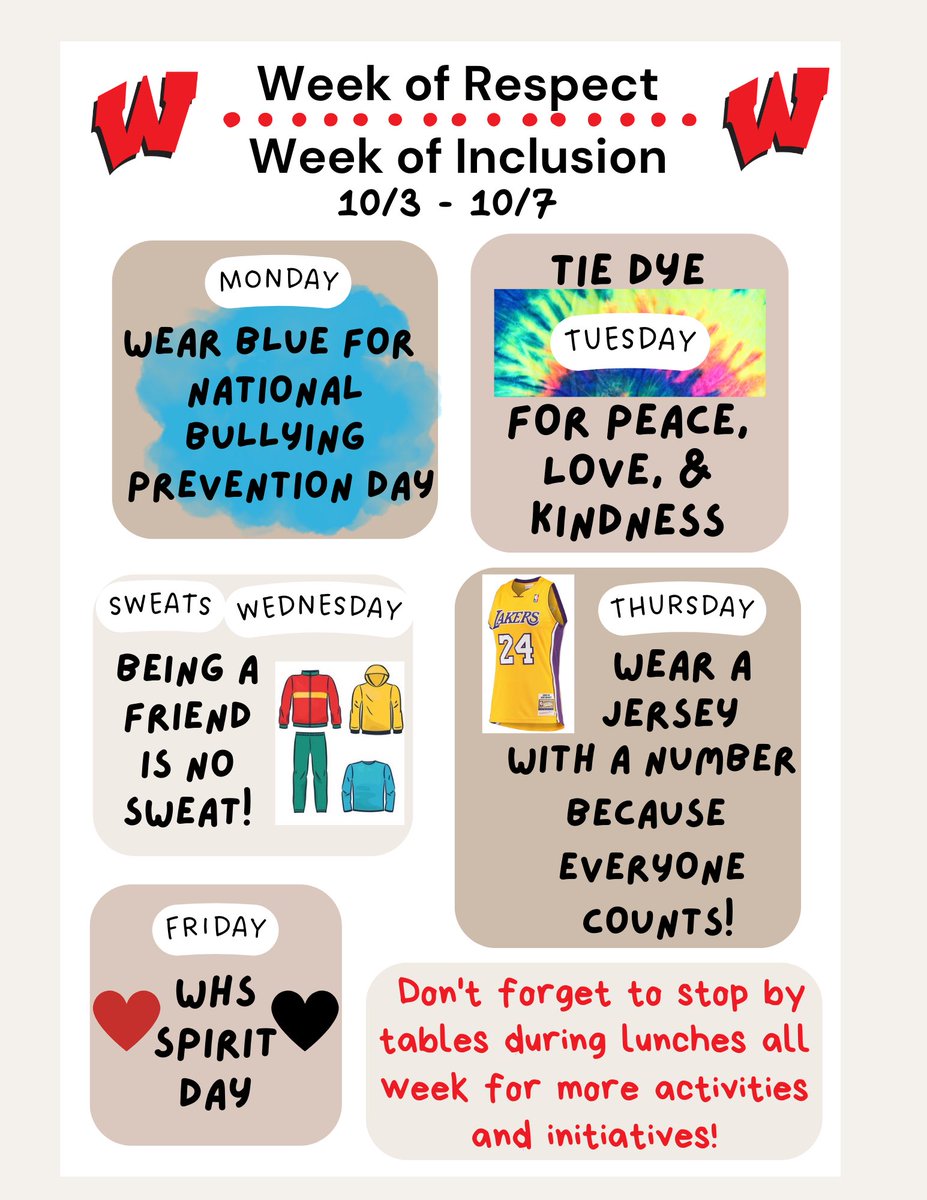 10/3-10/7 all @WdbgSchools will be observing the Week of Respect & Week of Inclusion…stay tuned for all of the amazing activities #WeAreBarrons have in store‼️@WHSBarronPride @WHSLottmann