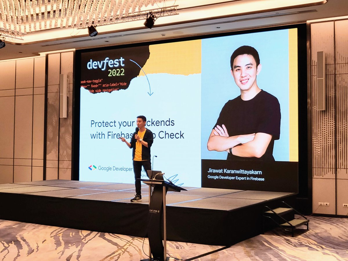 Jirawatee's tweet photo. Full house at #DevFestBKK, I'm very happy to meet lots of eager developers in the event 🤟 Hope everyone enjoy and get idea in how to protect your backend from abuse with #FirebaseAppCheck.
🙏🏻Thank you for all the applause and laughter that you guys gave during my session. https://t.co/95kwk2CuZ6