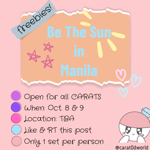 carat0dworld's tweet photo. #BeTheSuninManila Freebies

Hi Carats!
I'll be giving freebies on Oct. 8 &amp; 9 :)
Limited quantity only (around 80 sets only)
Check photos below.

RT and like to spread.
Check thread for more updates. :)

See you! :)
#BeTSinMANILA https://t.co/rf0cSaQWGV