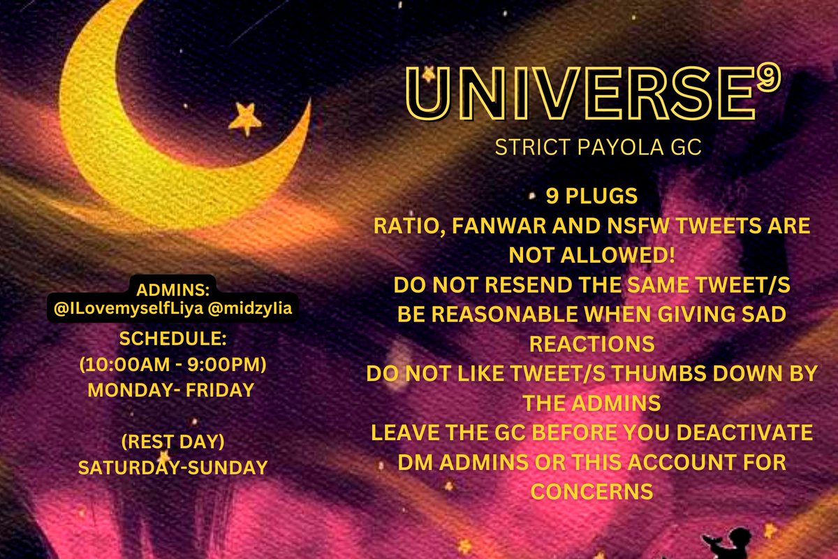 UNIVERSE⁹ STRICT HYPE/PAYOLA GC IS RECRUITING ACTIVE MEMBERS!🪐

🜸OPEN TO ALL FANDOMS 
🜸65-70+ LIKES GUARANTEED

🜸If interested to be added follow the instructions below:
➡️RT AND REPLY @ TO JOIN
➡️MBF: <a href="/UniverseSPGC/">UNIVERSE⁵🖤</a>
(You can cu through our likes)