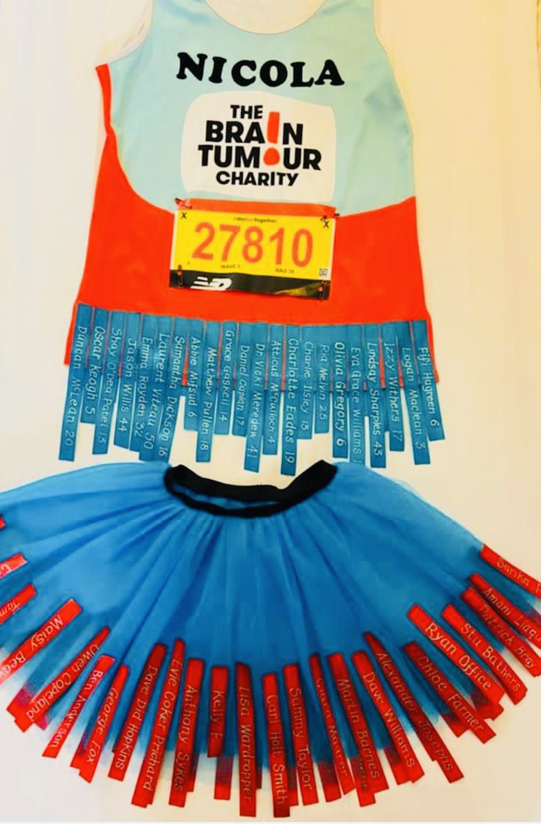 shitscaredmum's tweet photo. Last year I ran the @LondonMarathon for @BrainTumourOrg 
On my top I wore the names of people we’d lost to brain tumours &amp; on my skirt those still battling. 
In 12 months we have lost 15 of those, 15 families completely devastated &amp; hundreds newly diagnosed. 
We have to do better https://t.co/1eW3da3TlE