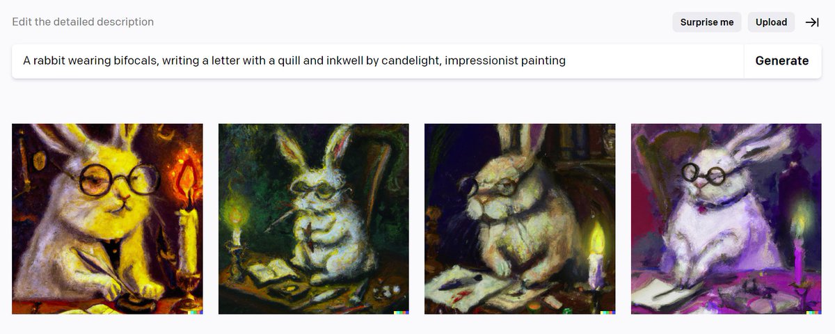 Dall-E knows how to draw. A rabbit wearing bifocals, writing a letter with a quill and inkwell by candlelight, impressionist painting I didn't even spell candle right and it got me