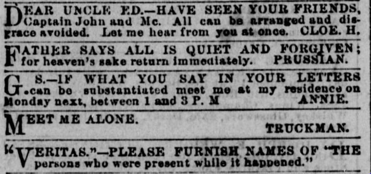 HorribleSanity's tweet photo. A particularly dramatic day in the New York Herald's personals column. (1879, via @_newspapers) https://t.co/CVnms6YgiE