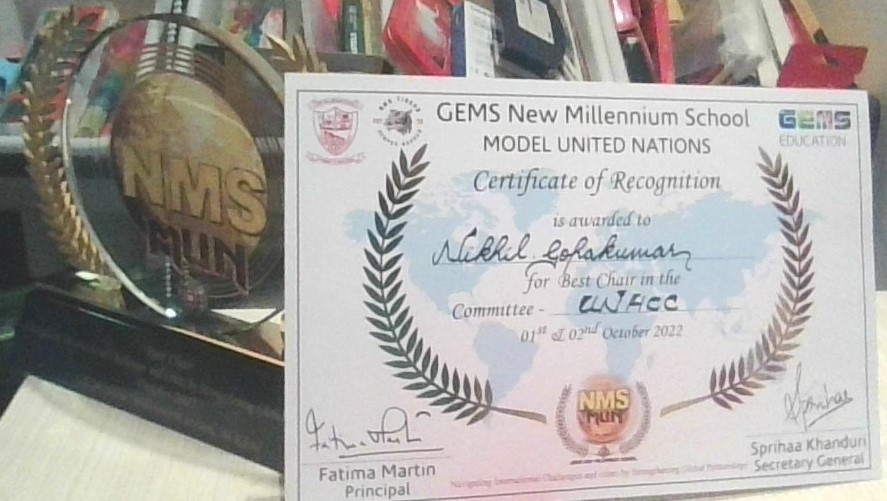 Nikhil Gopakumar (@gnmsnikhil) on Twitter photo Just came back from a fantastic 2022 NMSMUN, where I had the pleasure of winning Best Chair in the hallowed halls of my home school. Have to give it up for <a href="/SprihaaKhanduri/">Sprihaa Khanduri</a> for such fabulous organisation. Award for 2023 NMSMUN too? 🤔 <a href="/GNMS_Tigers/">GNMS_Secondary Tigers_Semper Sursum</a> <a href="/gemsnms_alkhail/">GEMS NMS Alkhail</a> <a href="/Fatima_Martin/">Fatima Martin</a> Just came back from a fantastic 2022 NMSMUN, where I had the pleasure of winning Best Chair in the hallowed halls of my home school. Have to give it up for <a href="/SprihaaKhanduri/">Sprihaa Khanduri</a> for such fabulous organisation. Award for 2023 NMSMUN too? 🤔 <a href="/GNMS_Tigers/">GNMS_Secondary Tigers_Semper Sursum</a> <a href="/gemsnms_alkhail/">GEMS NMS Alkhail</a> <a href="/Fatima_Martin/">Fatima Martin</a>