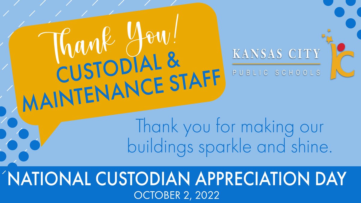 kcpublicschools's tweet photo. It's National Custodian Appreciation Day! We are so appreciative of the work our custodial and maintenance staff do in our schools each day. Not only do they keep our facilities clean, but they also are mentors and role models to our students. Thank you for all you do! https://t.co/Iywq6vhFzo
