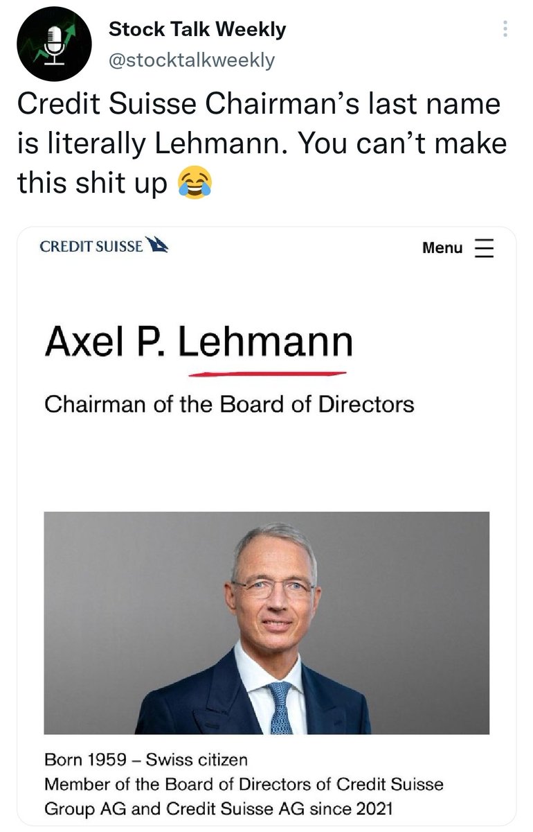 TheMatrixology's tweet photo. #CreditSussie's Chairman's last name is "#LEHMANN" 👈

Remember what happened to the "#LehmanBrothers 👈

"LIFE IS ONE BIG #SYNCHRONICITY" - @22_SAVAGE22

- Welcome 2 the...

#Matrix https://t.co/tqdQwZOvUA
