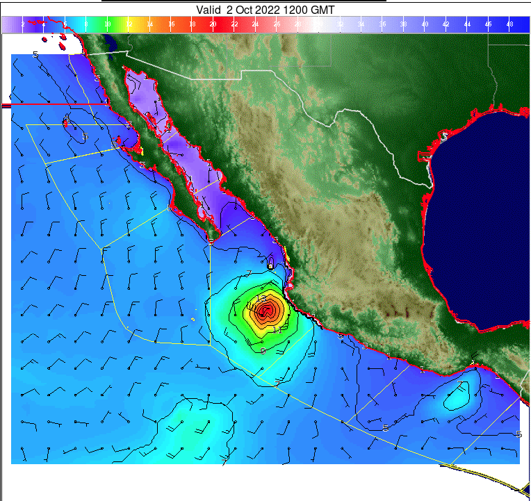 Small but dangerous Hurricane #Orlene just over 100 nm offshore of the coast of #Jalisco Mexico, near 19.6N107.9W at 1500 UTC, moving N at 7 kt. Peak seas estimated near 28 ft. Large seas will dominate the waters and coasts of Colima, Jalisco this morning and spread to Nayarit.