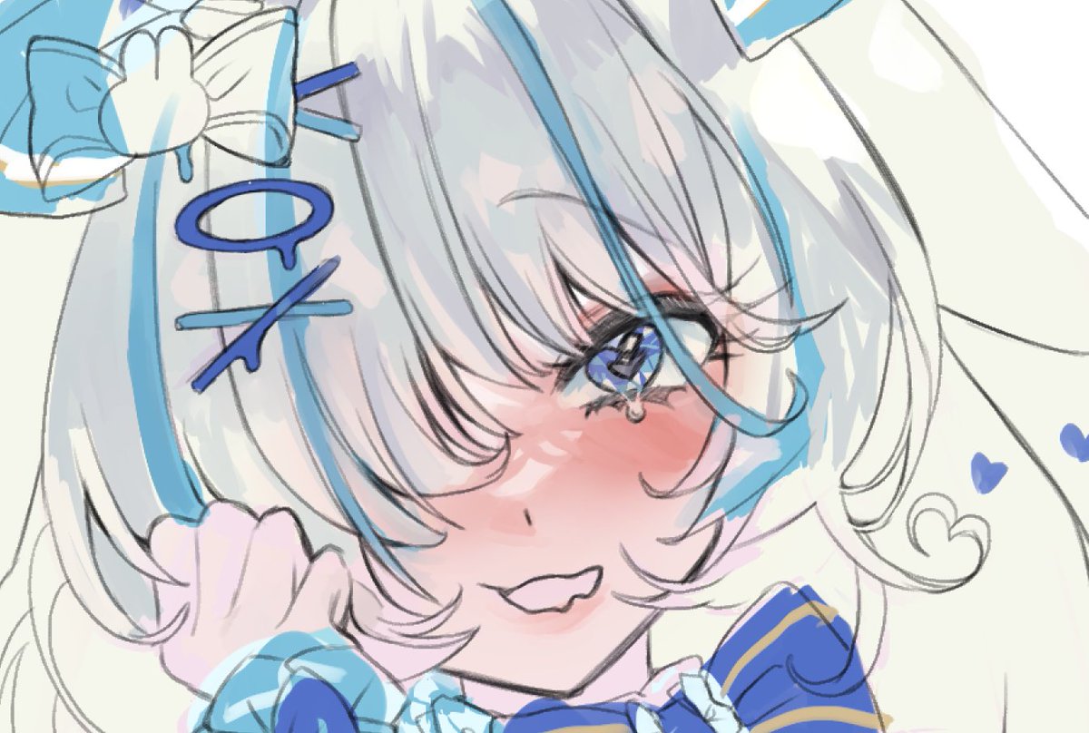 1girl solo blue eyes hair over one eye heart blue hair bow  illustration images