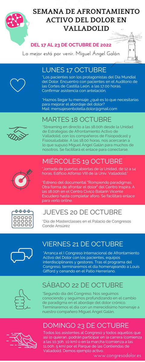 gorettiaranb1's tweet photo. Conoce la Semana de Afrontamiento Activo de Dolor que nos espera en Valladolid del 17 al 23 de Octubre. 
Si estás entre los 1000 asistentes al Congreso, no olvides apuntarte a la cena del viernes y a la carrera/marcha del domingo desde el área privada de https://t.co/oAbwGNObfX https://t.co/htm7cjINQZ