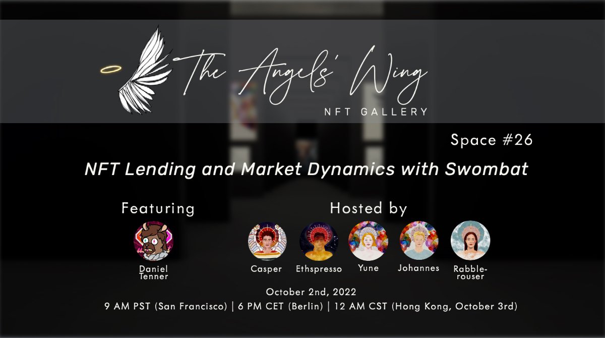 HausHoppe's tweet photo. Join us live in one hour as we welcome back our super informed and opinionated guest @swombat to our #AngelsWing Weekend Chat!! 🤩👍
We will talk about the current trends and about the special topic NFT lending! https://t.co/zV4k9TrZC4
