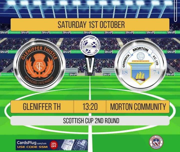 Scottish Cup 2nd Round, Sat 1st Oct

Gleniffer Thistle 2-1 Morton Comm

Renfrew Sports Centre 

⚽ A.Boyce
⚽ A.Boyce (L.Szolowski)

🟡 S.Tennant
🔴 ...

🧡🖤