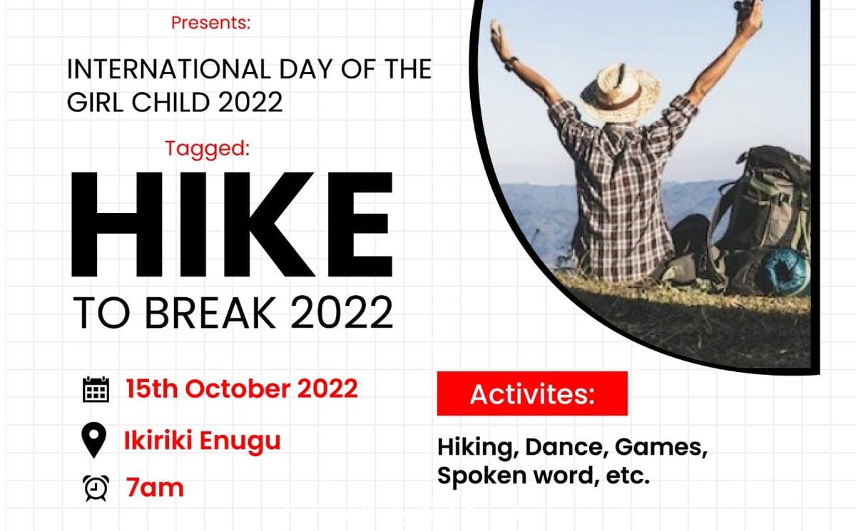 ogene_ogbodo's tweet photo. Save the Dates 
@TownCrierAfrica International #DayoftheGirlChild 2022.
One Project, Two Locations 

✔️ #Run2Break 14th October at JSS Karu Abuja &amp; CSS Umualor Enugwu 

✔️ #Hike2Break 15th October @ Arab Road Kubwa, Abuja &amp; Ikiriki Enugwu 

 #IDG2022 #Project5000Girls https://t.co/Lr8BdWWHvB