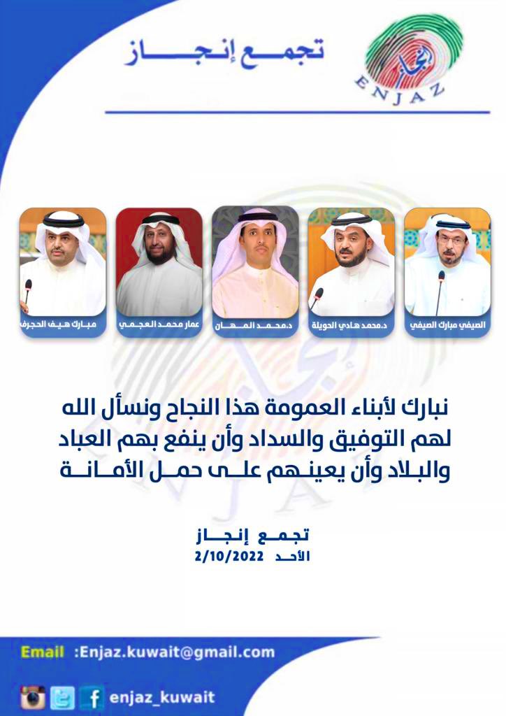 يتقدم تجمع إنجاز 

بأجمل التهاني والتبريكات لأبناء العمومة

على فوزهم بعضوية مجلس الامة

سائلين الله لهم التوفيق والسداد

وأن يعينهم على حمل الامانة.