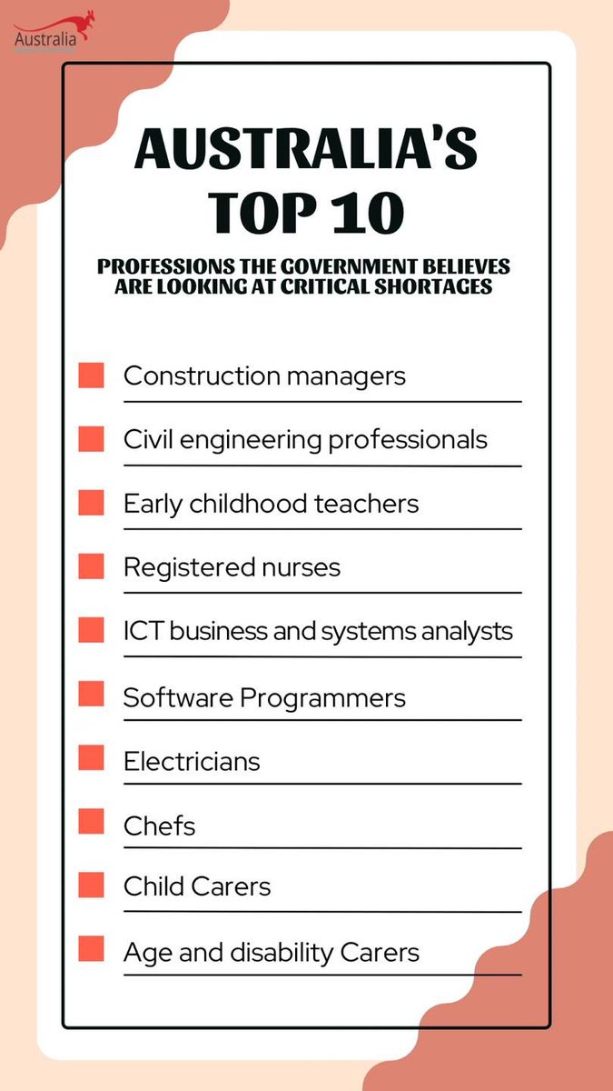 AIP_Immigration's tweet photo. These are Australia’s top 10 professions that face critical labor shortages, according to the Australian government. https://t.co/9wjRSnZfBa