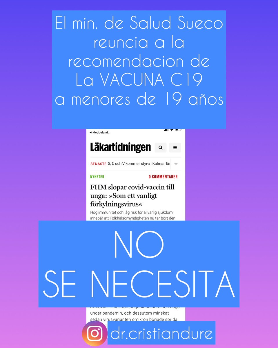 DurCristian's tweet photo. Se deja de la lado la recomendacion de vacunar contra el #c19 a menores de 19 años en Suecia. https://t.co/wyoXa4zBj1 https://t.co/JAn42HcNg1