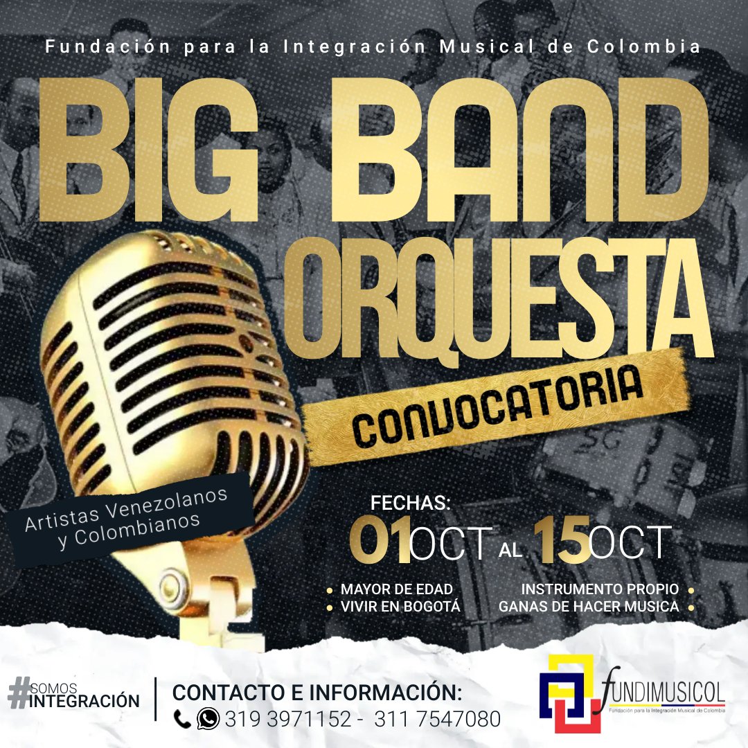 ¿Te gusta el JAZZ y eres mayor de 17 años?

Ha llegado el momento de que hagas parte de la Big Band Orquesta, un proyecto artístico de FUNDIMUSICOL, donde tendrás la oportunidad de participar en grandes conciertos y disfrutar de la buena música en pro de la Integración Binacional
