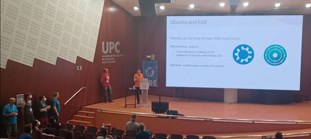 KdeNeon's tweet photo. KDE neon is at #Akademy2022 this week with the rest of the  @kdecommunity.

Here we are getting a shout out from the @ubuntu sponsor's talk at Akademy! https://t.co/8G98ryYkm0