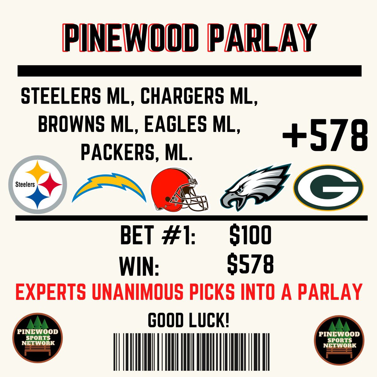 PineSportsNet's tweet photo. #NFL SLATE‼️💸

@hey_o_jb, @brettwhite5_, and @WillGrayPSN get you their NFL Sunday picks. 

Pinewood Parlay at +578 with the experts unanimous picks. https://t.co/1UQLA1HGYu