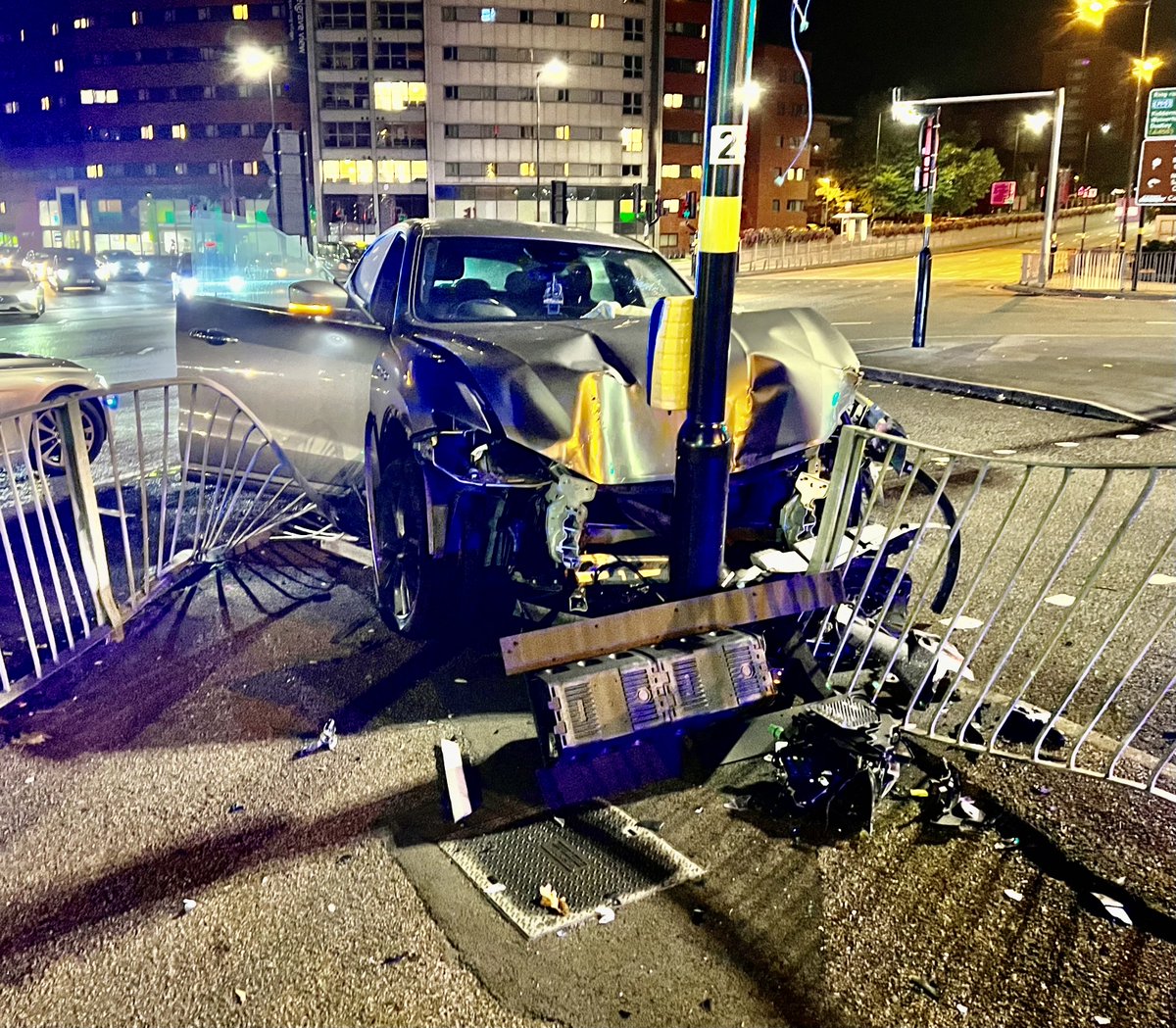 Trafficwmp's tweet photo. This is a good example of the dangers of drink driving. This Maserati Levante collided with crash railings at Bristol Street this morning. The driver received minor injuries &amp; was arrested for a positive breath test then failed to provide a sample in custody. #DontDrinkDrive https://t.co/vf20uWPqXQ