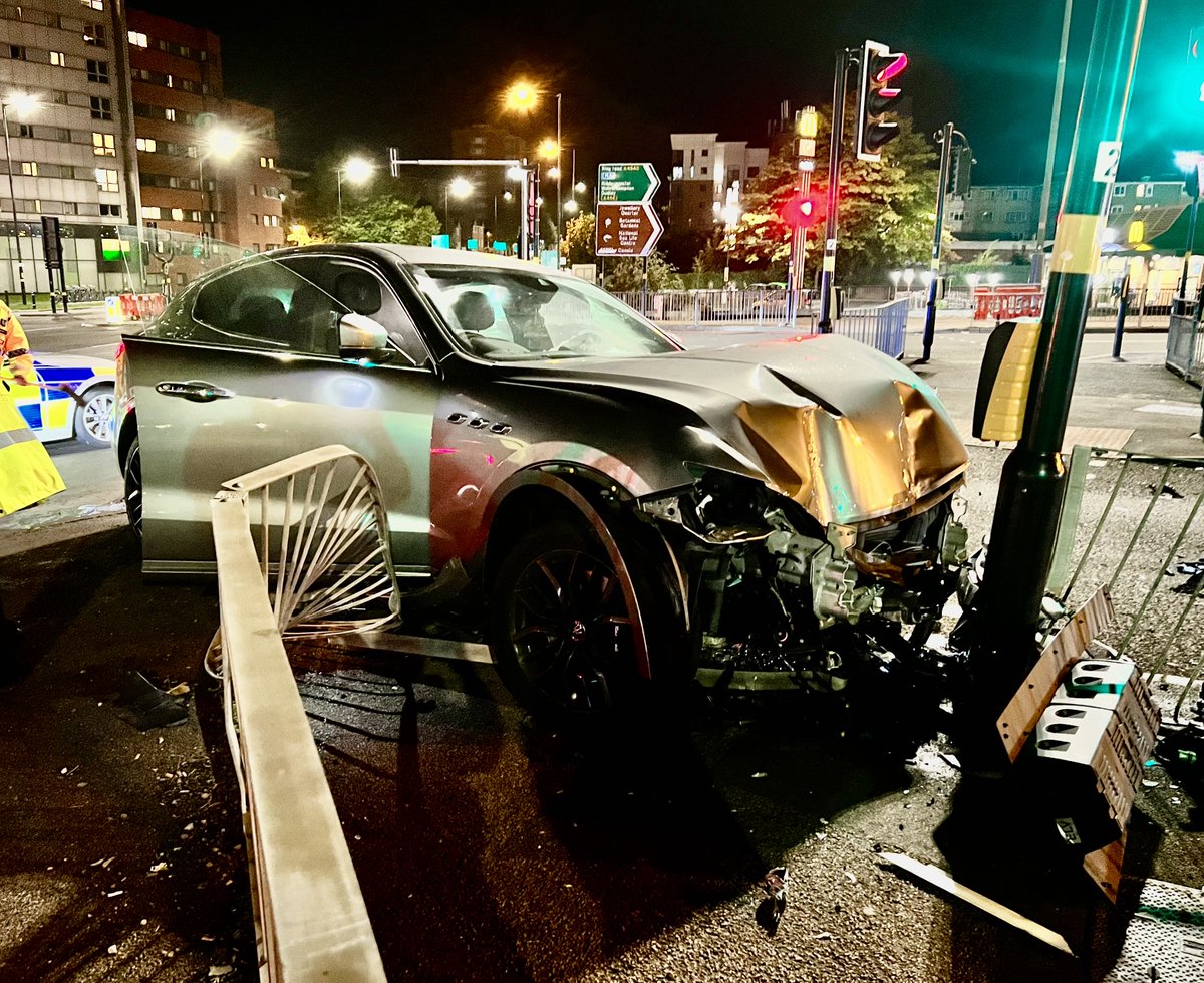 Trafficwmp's tweet photo. This is a good example of the dangers of drink driving. This Maserati Levante collided with crash railings at Bristol Street this morning. The driver received minor injuries &amp; was arrested for a positive breath test then failed to provide a sample in custody. #DontDrinkDrive https://t.co/vf20uWPqXQ