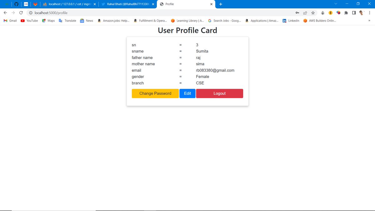 rahuldotsol's tweet image. Project 1 Login and Register Form. Displaying Profile and Change Password or Edit Record and Logout.  
#30dayofcode #30dayofdev #30dayofweb #NodeJS  #webdevelolment #webdev #expressjs #pug #backend #fullstackdeveloper #frontenddev #100daysofcoding #webdevelopers #MySQL #databases