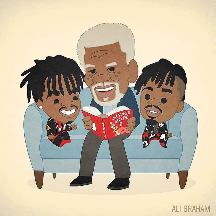 morgan_freeman's tweet photo. “Great men with great ideals can be separated by hundreds or even thousands of miles - And still be in the same place. They can be years or even generations apart in age - And yet, somehow, find themselves on the exact same page.” #SavageModeII/@MetroBoomin @21savage 
🎨: @lil_ye https://t.co/jUbVCdr8n7