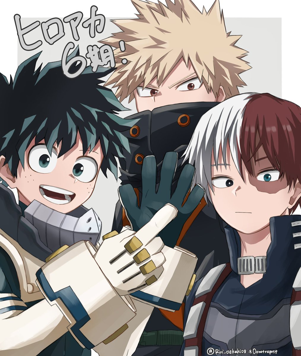 bakugou katsuki ,midoriya izuku ,todoroki shouto burn scar scar male focus split-color hair multiple boys 3boys freckles  illustration images