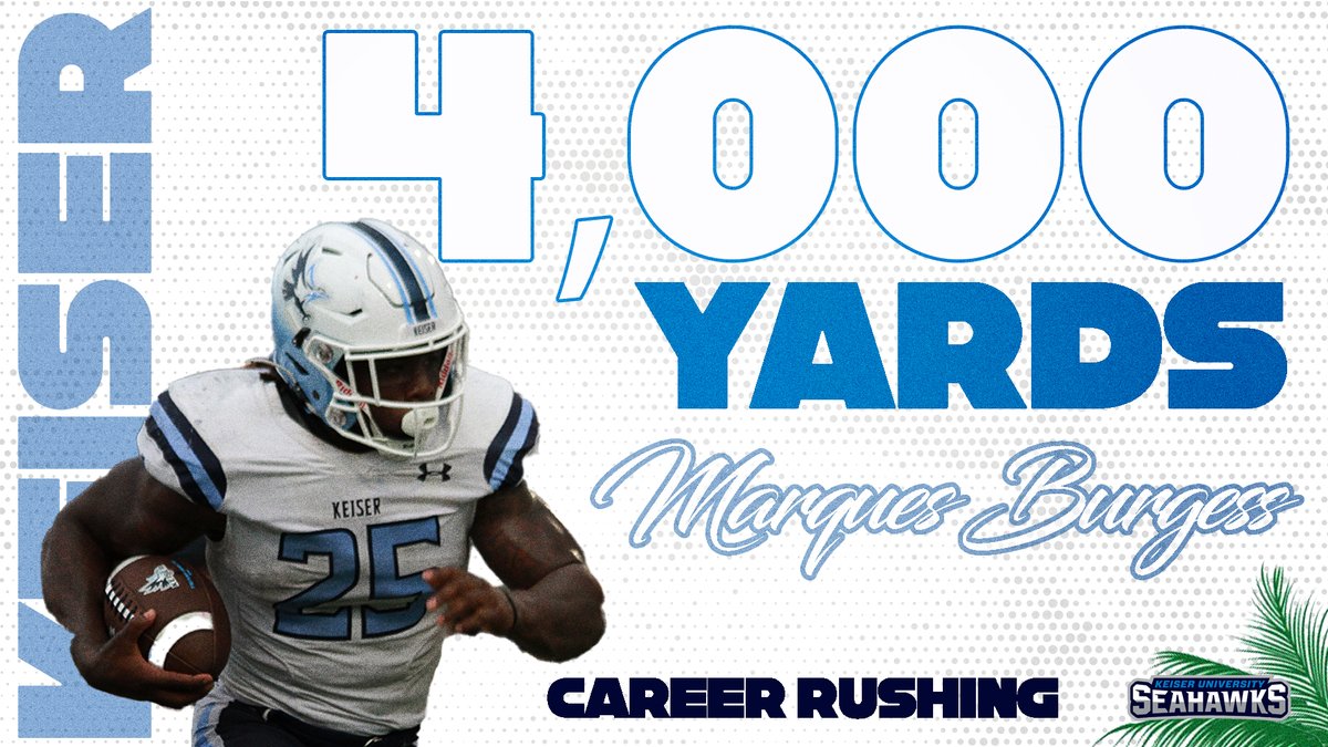 KeiserFootball's tweet photo. 𝗠𝗿. 𝟰,𝟬𝟬𝟬 🏃‍♂️🏈

ICYMI: Marques Burgess rushed for 149 yards versus FMU on Saturday, surpassing 4,000 yards for his career (4,125).

#DefendtheBeach #SeahawkFast https://t.co/mXzawxFdCc