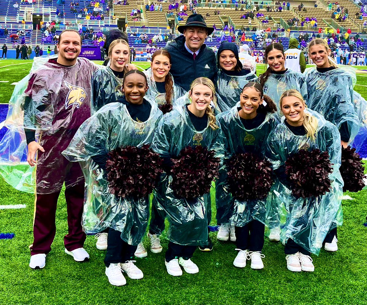 kdamp's tweet image. On a cold and miserably wet day, I was glad to spend a few moments encouraging our students who made the trip to support @TXSTATEFOOTBALL. Thank you, student trainers, @TXSTCHEER, and @TXSTBoko for carrying on, despite the weather. For what it’s worth, Boko, I thought you won!🐾