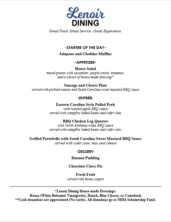 Join us this week for some BBQ! We are featuring flavors from across the South!Reservations available Tuesday and Wednesday at 11:30 and 12:30!