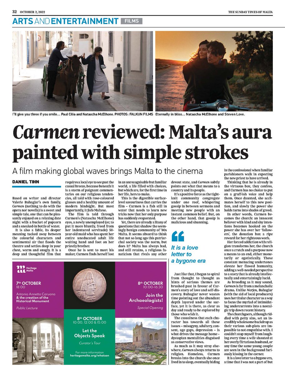 FalkunFilms's tweet photo. Wonderful double page spread in the @TheTimesofMalta   today. Read an exclusive interview with @nataschaandsons and the film review calling CARMEN
"a love letter to a bygone era". Thank you Sunday Times https://t.co/PgPcH9tRUq