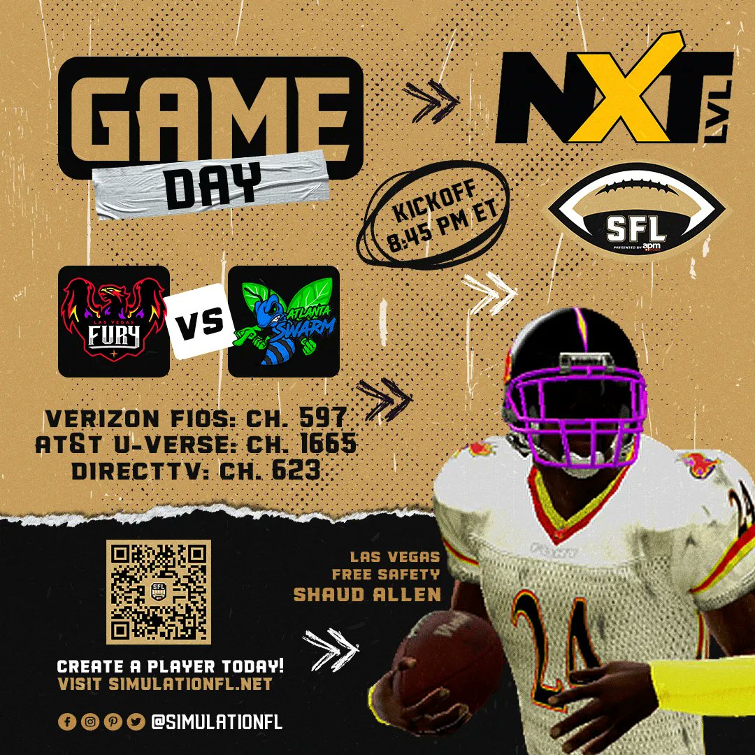 Simulation Football League (@simulationfl) on Twitter photo It's #GAMEDAY! Last season, @sfl_fury took it to <a href="/AtlantaSwarm/">Atlanta Swarm</a> in Sin City. This time, the Swarm are desperate for a win and back at home in The Hive!
🖥️ DirectTV, Ch. 623 / Verizon Fios, Ch. 597 / At&T U-Verse, Ch. 1665
For more NXT channels, visit buff.ly/3hlJmc5 It's #GAMEDAY! Last season, @sfl_fury took it to <a href="/AtlantaSwarm/">Atlanta Swarm</a> in Sin City. This time, the Swarm are desperate for a win and back at home in The Hive!
🖥️ DirectTV, Ch. 623 / Verizon Fios, Ch. 597 / At&T U-Verse, Ch. 1665
For more NXT channels, visit buff.ly/3hlJmc5