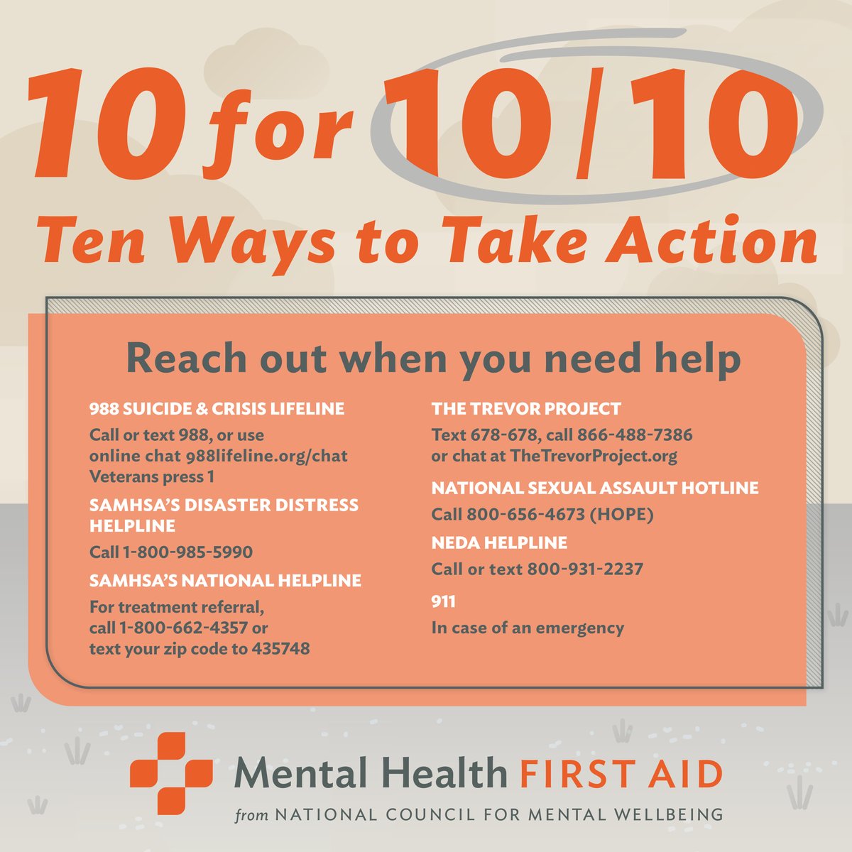 MHFirstAidUSA's tweet photo. On Day 2 of our #WorldMentalHealthDay countdown, take action by saving these important numbers for you or a loved one when support is needed.☎️ Having them handy may make all the difference. Learn more about these resources here: https://t.co/d83kqBXFsO #WMHD https://t.co/nddV85uhvM
