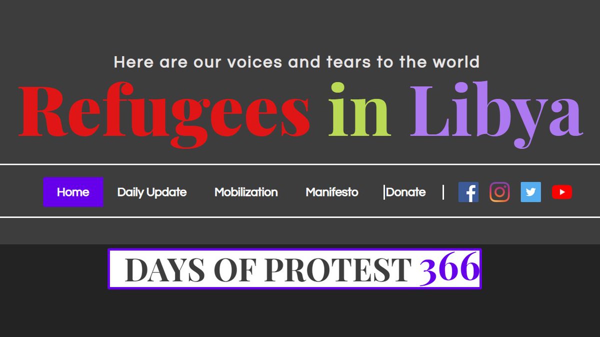 Screenshot vom Header der Webseite www.refugeesinlibya.org/:<br><br>Hear are our voices and tears to the world<br>REFUGEES IN LIBYA<br>Days of Protest 366