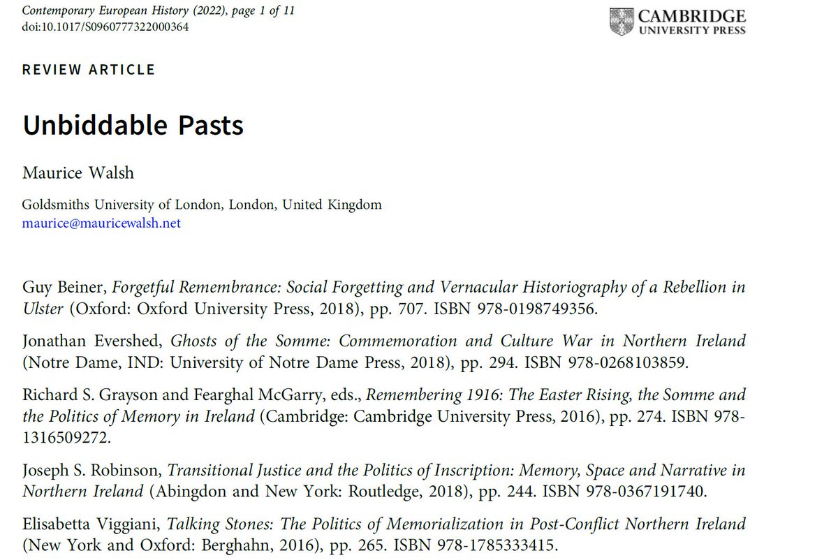 BCIrishStudies's tweet photo. "Unbiddable Pasts"
1st view of @Maurice_Walsh @GoldsmithsUoL reviewing in @ContEuroHistory (@CambridgeUP) key works on Northern Irish memory by Guy Beiner #BCIrishStudies, @jevershed01, @ProfRGrayson &amp; @FFearghal, @realjosefkevins, @ElisabettaV 
1/2

https://t.co/VLyaXn5VZX https://t.co/L9n3vslOhB