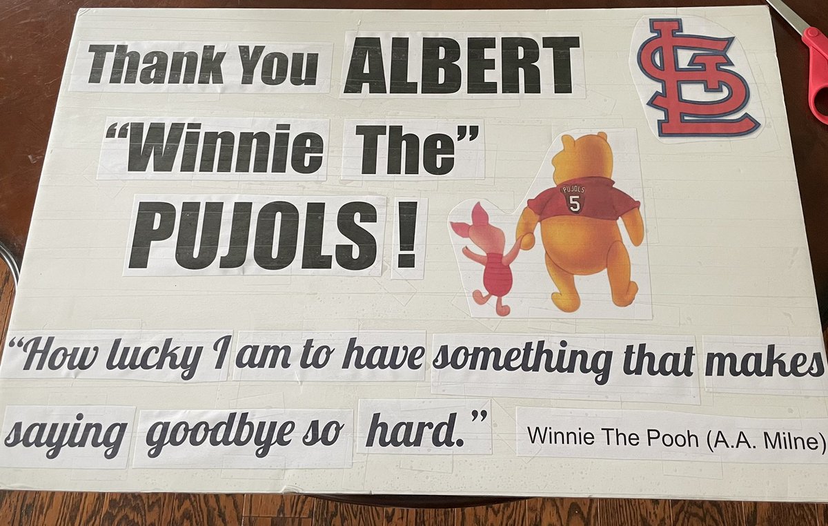 We made this sign for <a href="/PujolsFive/">Albert Pujols</a> when we saw the <a href="/Cardinals/">St. Louis Cardinals</a> vs. Nats this summer. Wiping away the tears after watching 4, 5, &amp; 50 walk off the field together, I needed to remind myself of this quote. 😭 <a href="/JCriz2/">Jason Crismon</a>