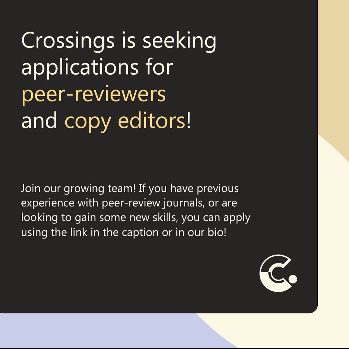 Crossings_uofa's tweet photo. CROSSINGS is looking to recruit peer-reviews and copyeditors for our third volume! Any undergraduate Arts student is eligible to apply. 

The link to apply can be found here: https://t.co/Kw6XDMsJ1E https://t.co/DE2oL5dShr
