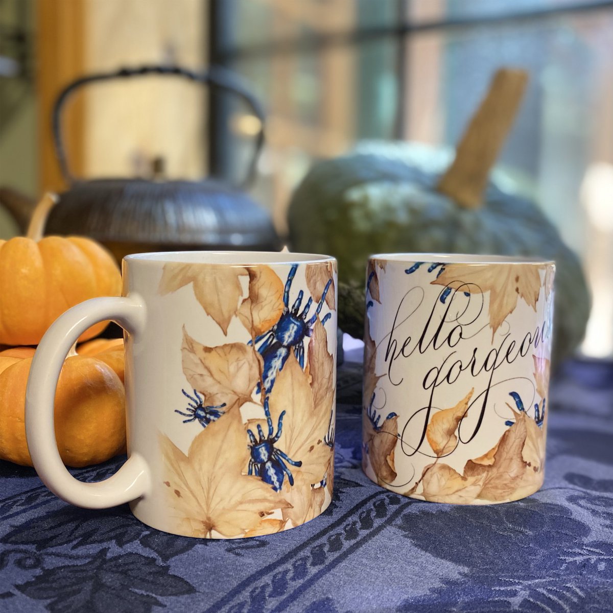 AMacbain1's tweet photo. As I work on my new line of mugs with original watercolors and calligraphy I will be adding them to my shop. These blue tarantulas just want to say hello gorgeous &amp; #HAPPYHALLOWEEN https://t.co/qRtXFUmAxB https://t.co/f8EJ2qINsJ