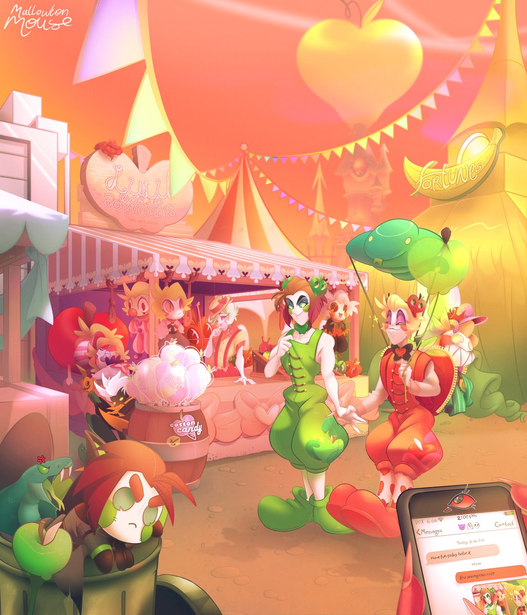 StaticAppleSin's tweet photo. Lulu took Rere to his theme park and forced him to try on a new outfit (oh dear hes prob a bit nakey under there huehue🤭)

Thank u for taking the time and effort on this piece .@MallowtonMouse I love it so much!! Everything is amazing!

🍏 #ReLu #RefiLuci 🍎
#HazbinHotelLucifer https://t.co/rCUvnGI0Xo