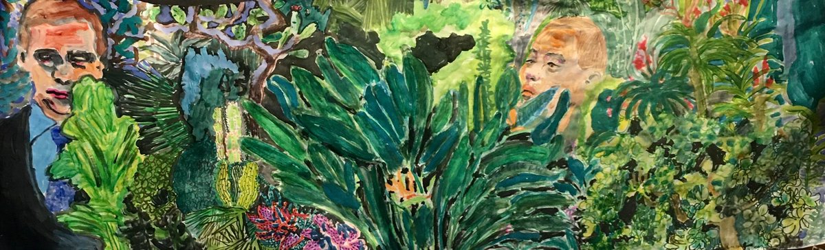 amitallman1's tweet photo. Ami Tallman: Karla observes the arrival of Esterhase at their rendezvous 
ink, acrylic, gouache, colored pencil, and tempera on paper
34” x 12 inches
#amitallman #bluechipaf  #earnesty #irrigourous @rexatious #feyfists #prettyviolent #artcentermfa https://t.co/U7fwFxcjFj
