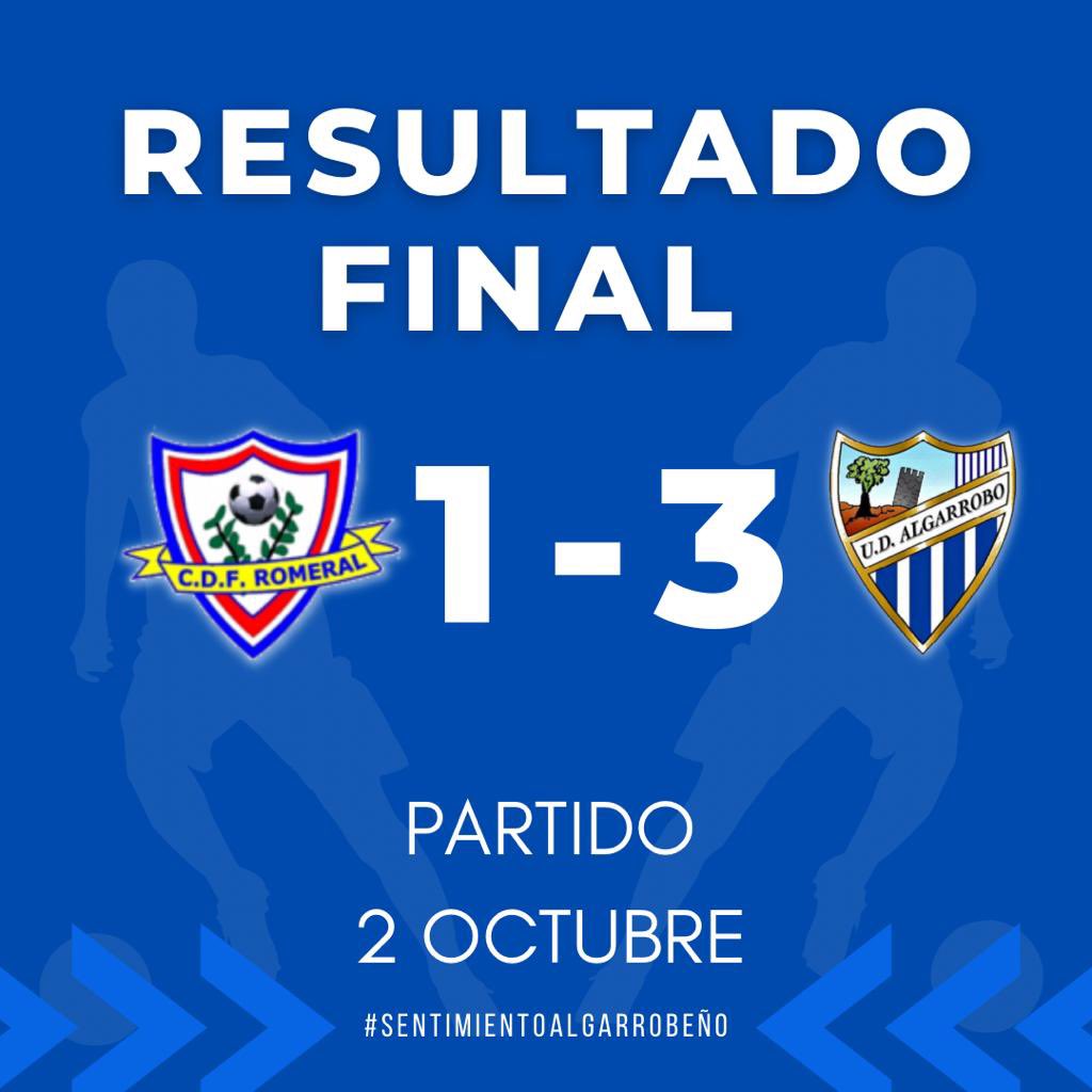Resultado final del partido jugado hoy

C.D.F Romeral 🆚 U.D Algarrobo 

1️⃣- 3️⃣

🔵Goles marcados por 🔵

1️⃣⚽️ Serrano 
2️⃣⚽️ Pablo López
3️⃣⚽️ Giuly

#sentimientoalgarrobeño

#udalgarrobo #fútbol #goles #resultado