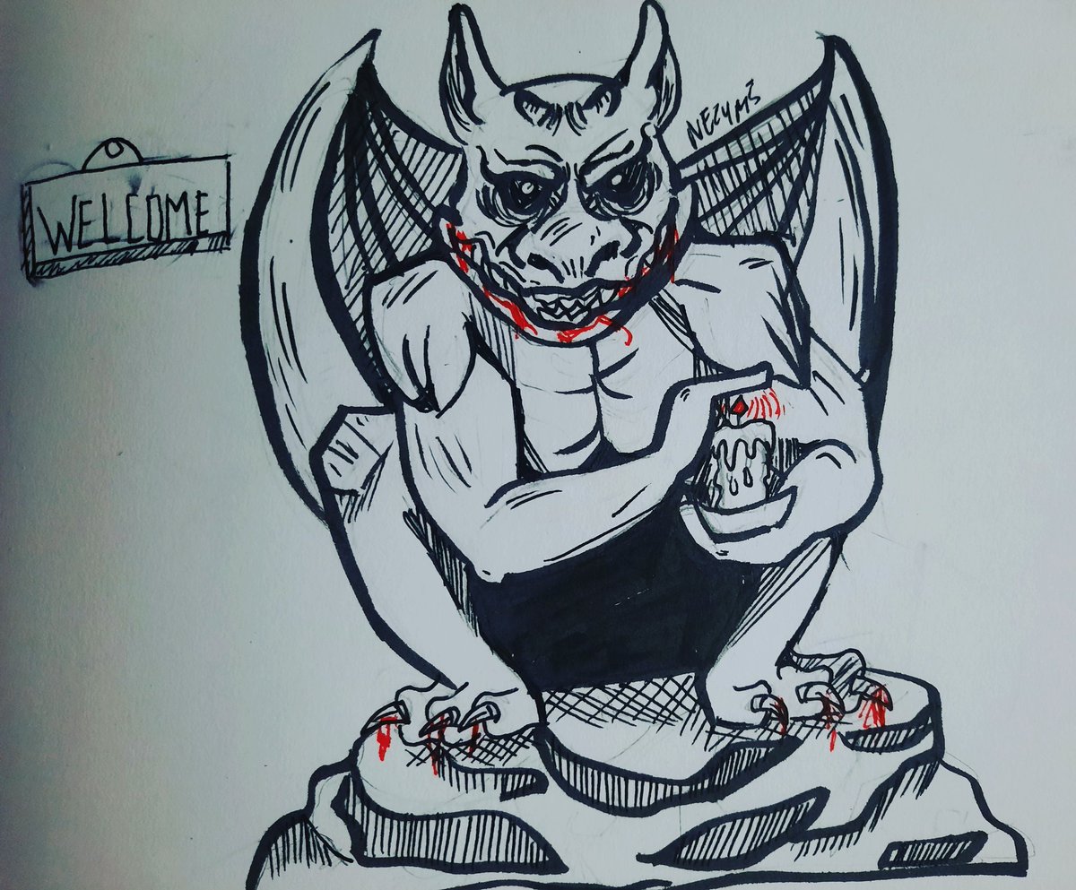 Ladycuttlecow's tweet photo. Day one of inktober/goretober! 
#goretober #gargoyle #october #art #fall #spooky #spookyseason #drawing #creepy #creepyart #welcome https://t.co/CqcFyWVseP