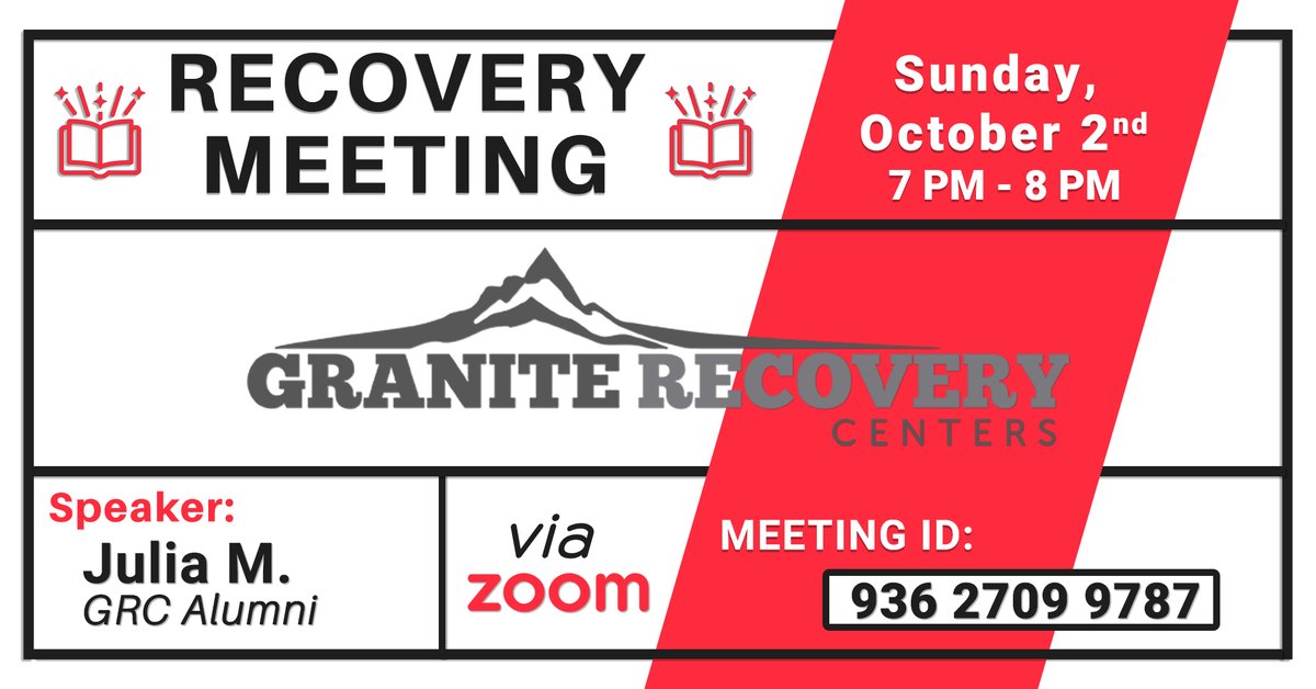 GRCtreatment's tweet photo. Zoom Recovery Meeting tonight 7 PM - 8 PM.
Guest speaker GRC Alumni, Julia M.

Meeting ID: 936 2709 9787
Meeting Link: https://t.co/K8ebfaQyxv

#recoveryispossible #TogetherWeCan #roadtorecovery #wedorecover #journey #gratitude #healing #sobermovement #listenandlearn https://t.co/YlBQ3zLJur
