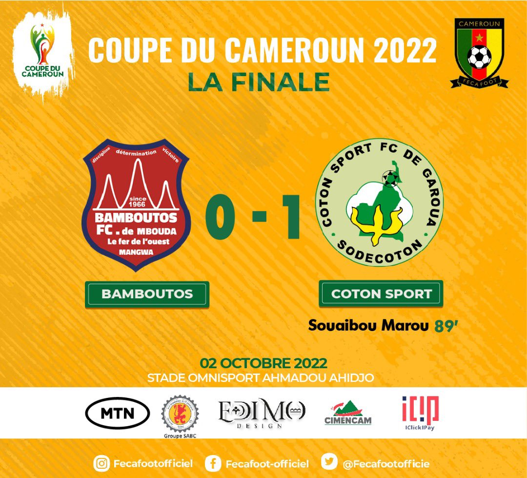 FecafootOfficie's tweet photo. COUPE DU CAMEROUN
#MATCHDAY ⚽🔥
Grâce à un but de Souaibou Marou, @FcCoton remporte la Coupe du Cameroun 2022. Les « Cotonculteurs » réalisent le doublé Coupe et Championnat.
#BAMBOUTOS 0️⃣➖1️⃣ #COTONSPORT
📆 02/10/2022
🏟️ Stade Omnisports Ahmadou Ahidjo
#BAMCOT| #FINALE https://t.co/wrA4a7Py9H
