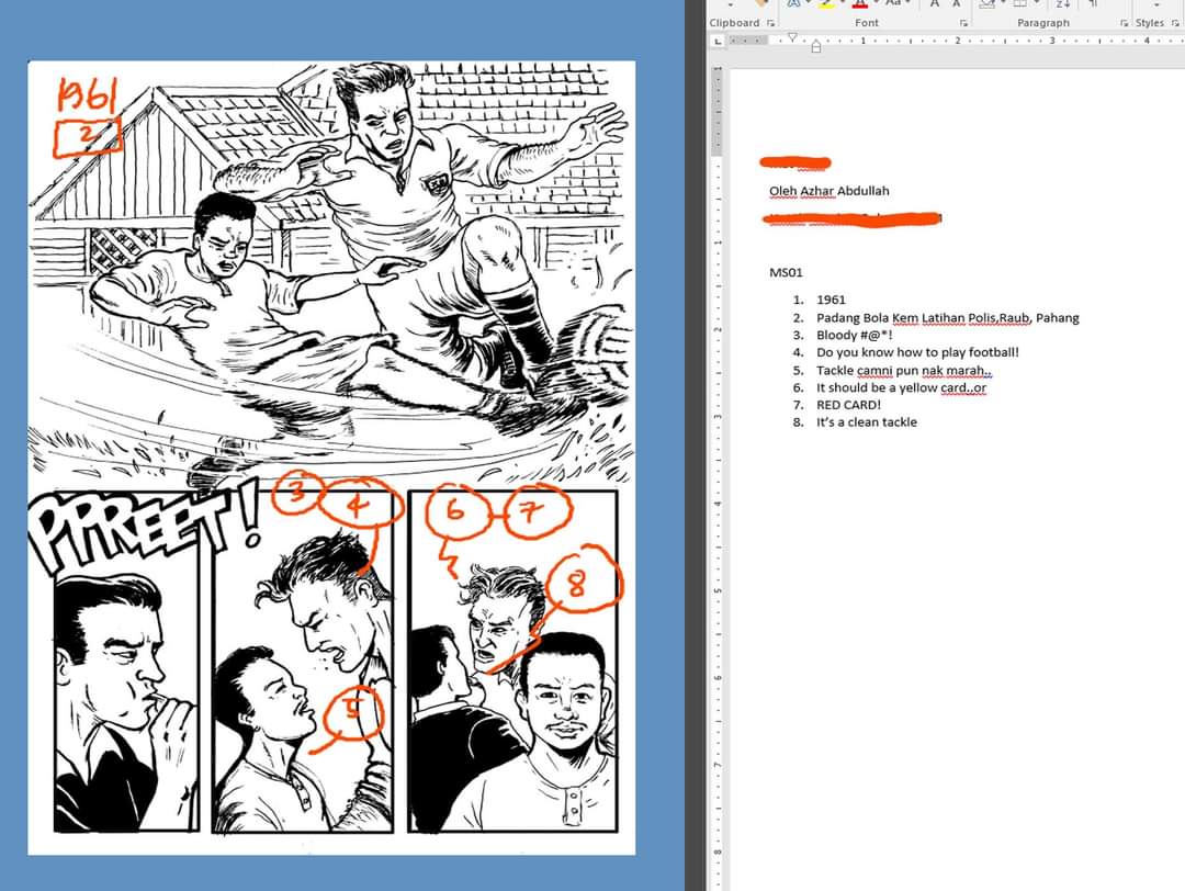 azharmaa's tweet image. Alamakk..dah start #inktober ya..aduss kena kejar ni dah day02,,ok ni cara saya susun #comiclayout baloon teks skrip...asal dari thumbnail ajaa.. 

lepas ink on paper scan..tacap letak panel line..masa utk letak layouut baloon dan tulis full skrip